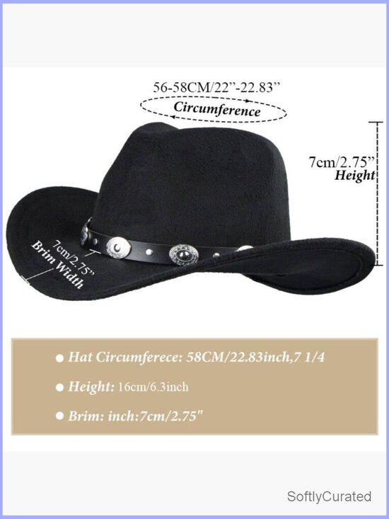 Studded Pinched Cowboy Hat with Belt Buckle Adjustable Wide Brim Felt